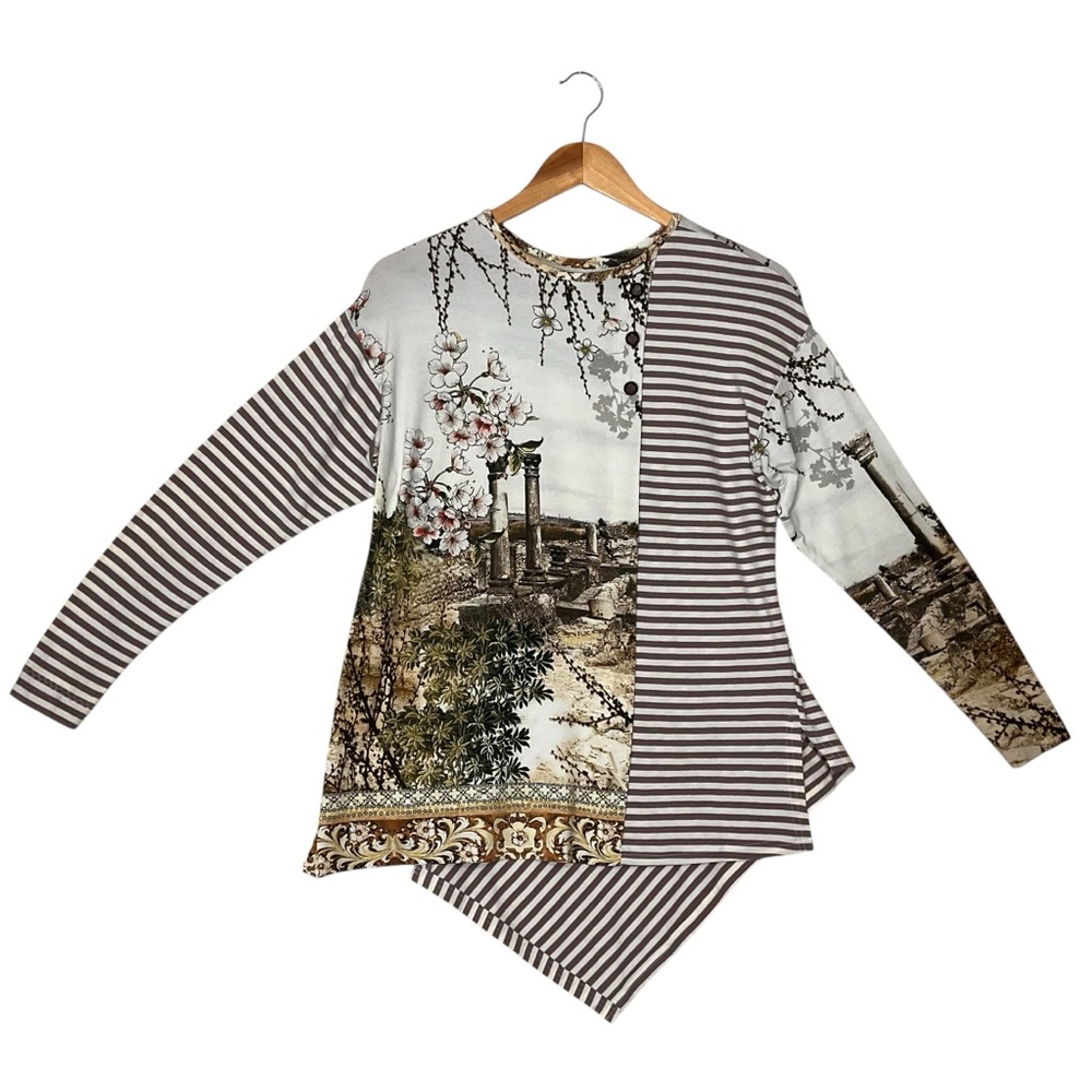HANDMADE sz Medium Asymmetrical Long Sleeve Blouse Mixed Prints Pink Tan +